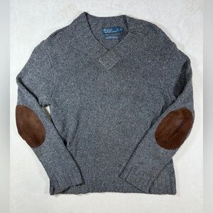 Polo Ralph Lauren Large Cotton Hemp Gray V-Neck Sweater with Brown Elbow Patches